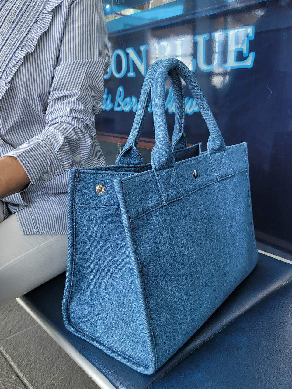 ClaraNY Denim City Tote with shoulder strap