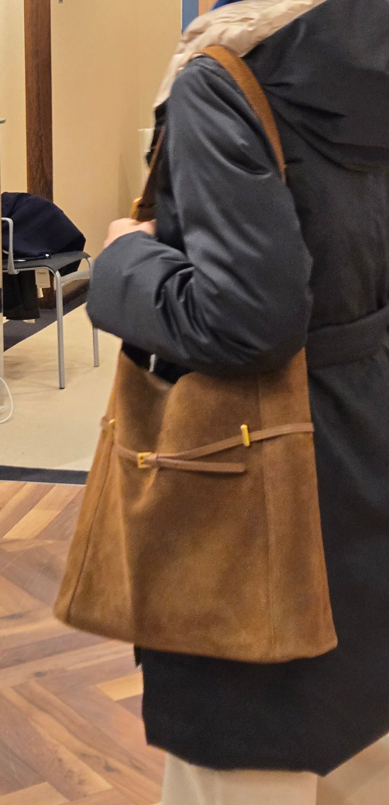 ClaraNY Luxury Suede Hobo Shoulder Bag, Warm Brown, Genuine Suede with Gold Hardware, Adjustable Strap, Inner Pouch