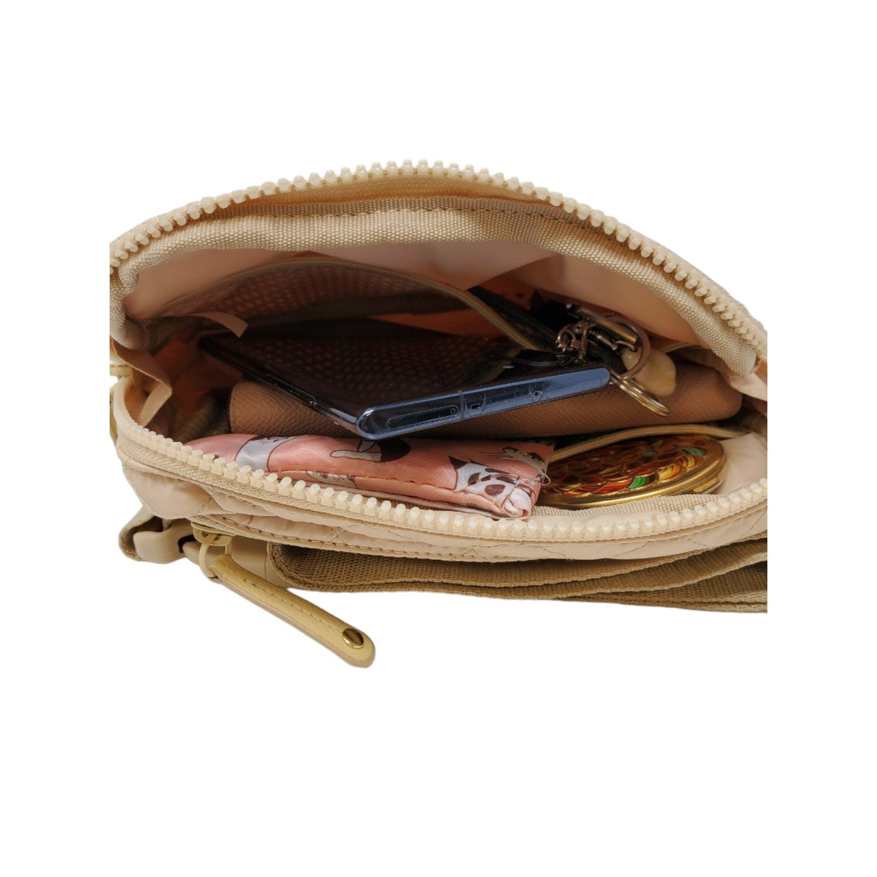 ClaraNY Quilted Crossbody shoulder Bag Detachable Strap Lightweight Water Repellent color Beige (Beige)