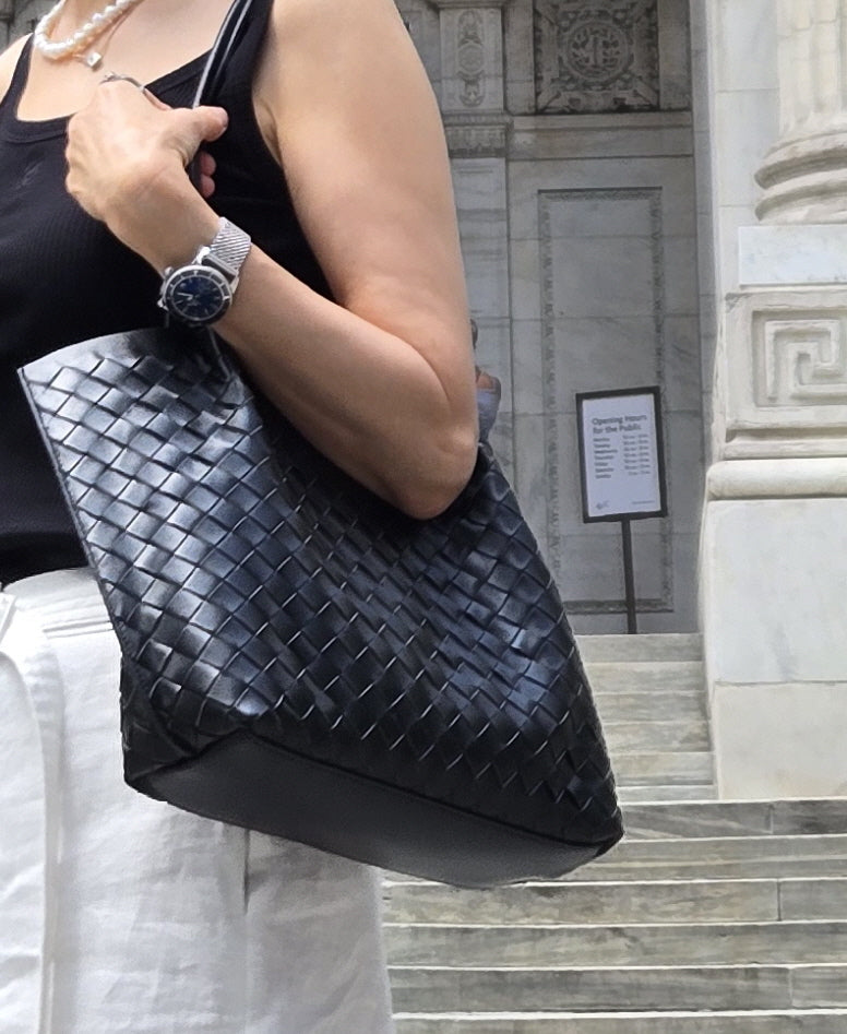 ClaraNY Leather Woven Shoulder Tote for Women with premium sheepskin Color Black
