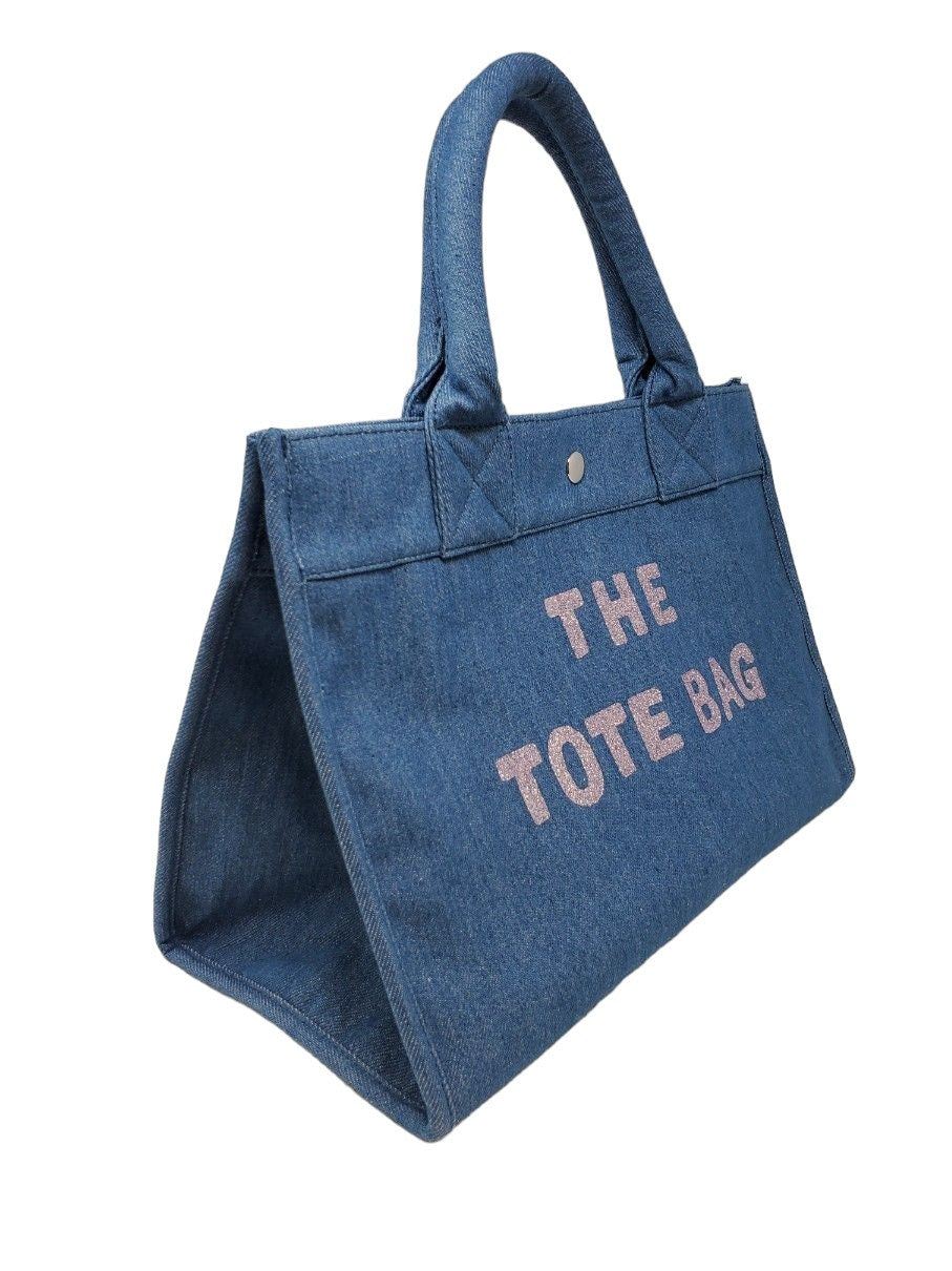 ClaraNY Washed Denim Book tote with "The Tote Bag" lettering include shoulder strap