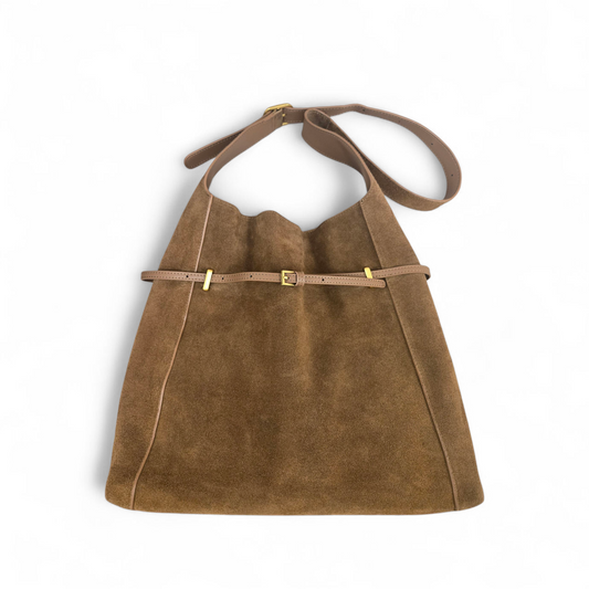 ClaraNY Luxury Suede Hobo Shoulder Bag, Warm Brown, Genuine Suede with Gold Hardware, Adjustable Strap, Inner Pouch