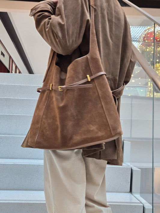 ClaraNY Luxury Suede Hobo Shoulder Bag, Warm Brown, Genuine Suede with Gold Hardware, Adjustable Strap, Inner Pouch