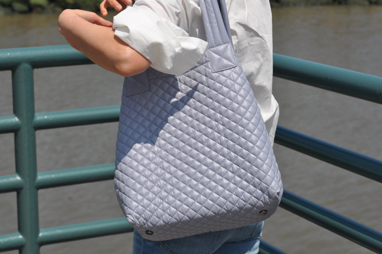 ClaraNY Ultra-Light Weight Quilted large Tote with Pouch - Color Light Gray