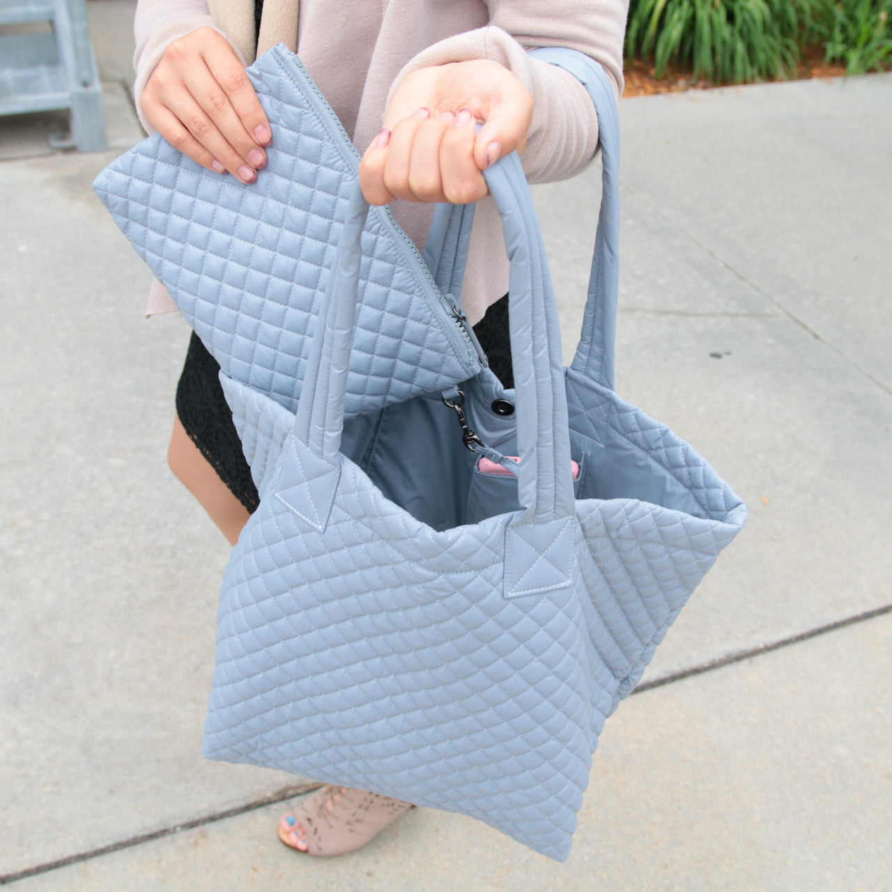 ClaraNY Love Heart Embroidery Light weight Quilted Tote with Pouch - Color Light Gray