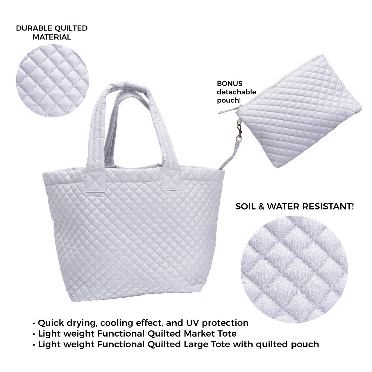 ClaraNY Love Heart Embroidery Light weight Quilted Tote with Pouch - Color Light Gray