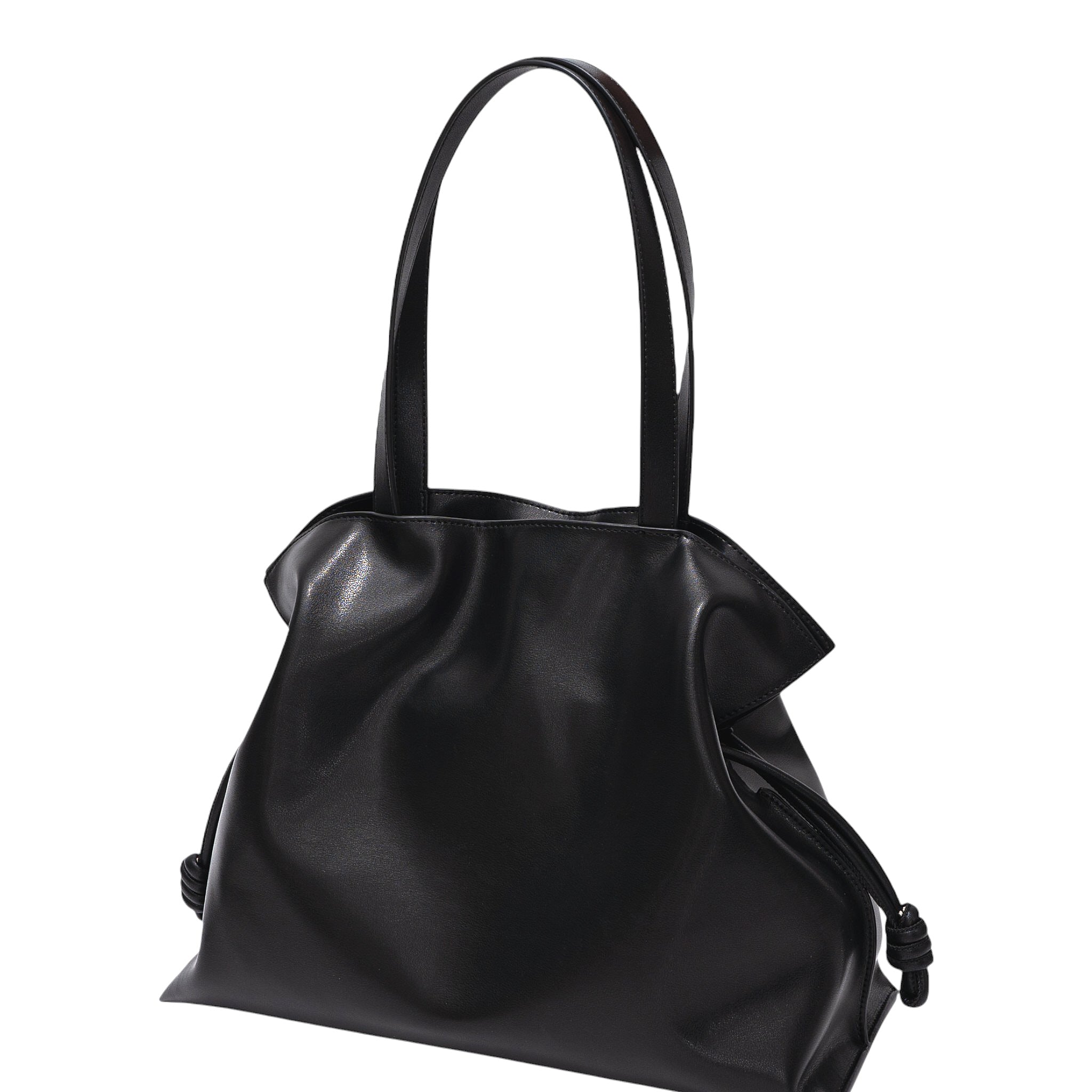 CLARANY Black Genuine Leather Drawstring Tote Shoulder Bag with