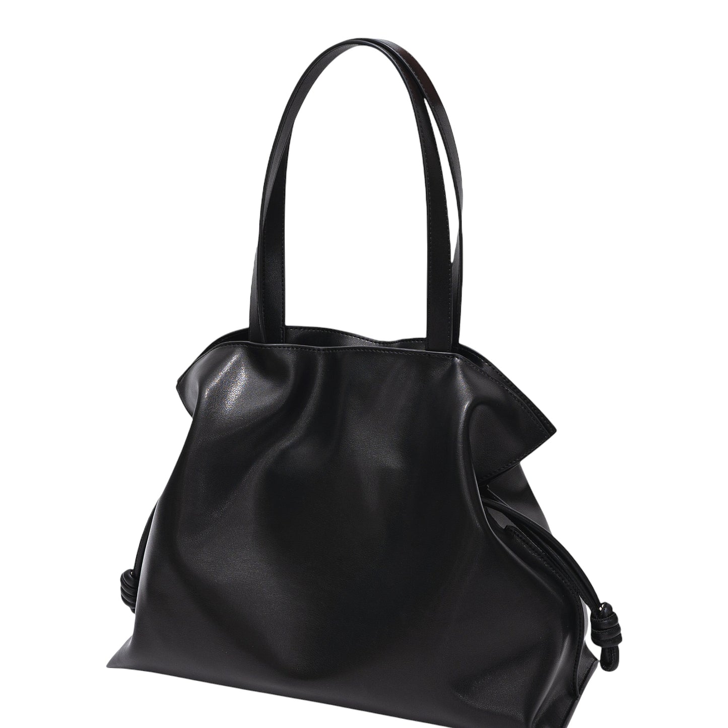 CLARANY Black Genuine Leather Drawstring Tote Shoulder Bag with Magnetic Snap Closure, Elegant Travel Work Handbag