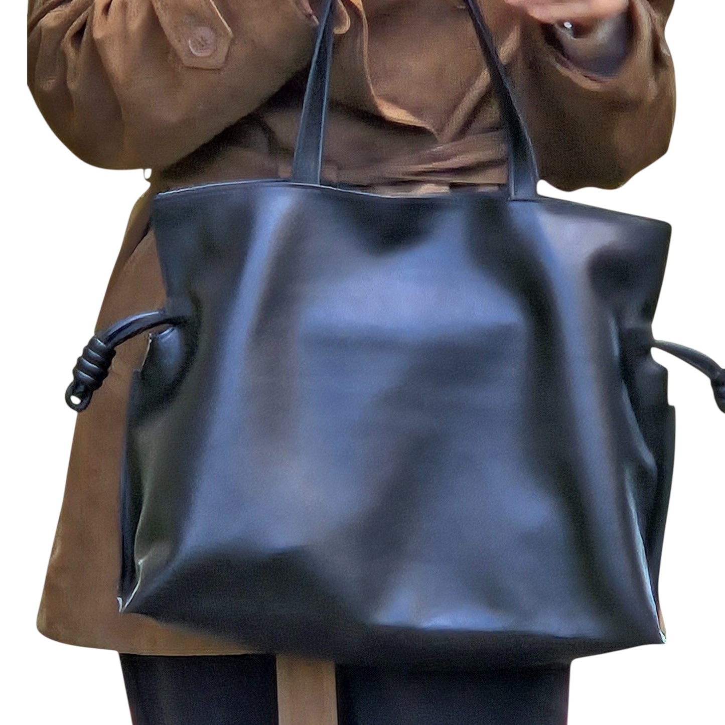 CLARANY Black Genuine Leather Drawstring Tote Shoulder Bag with Magnetic Snap Closure, Elegant Travel Work Handbag