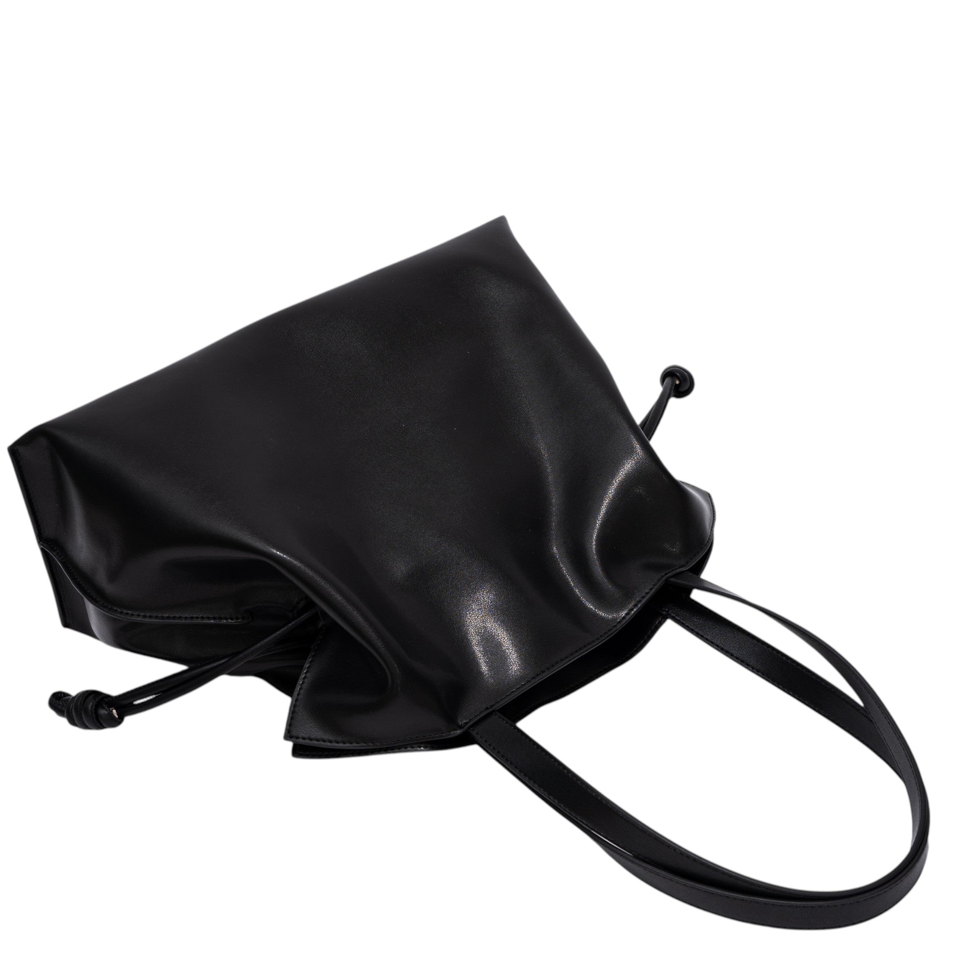 CLARANY Black Genuine Leather Drawstring Tote Shoulder Bag with