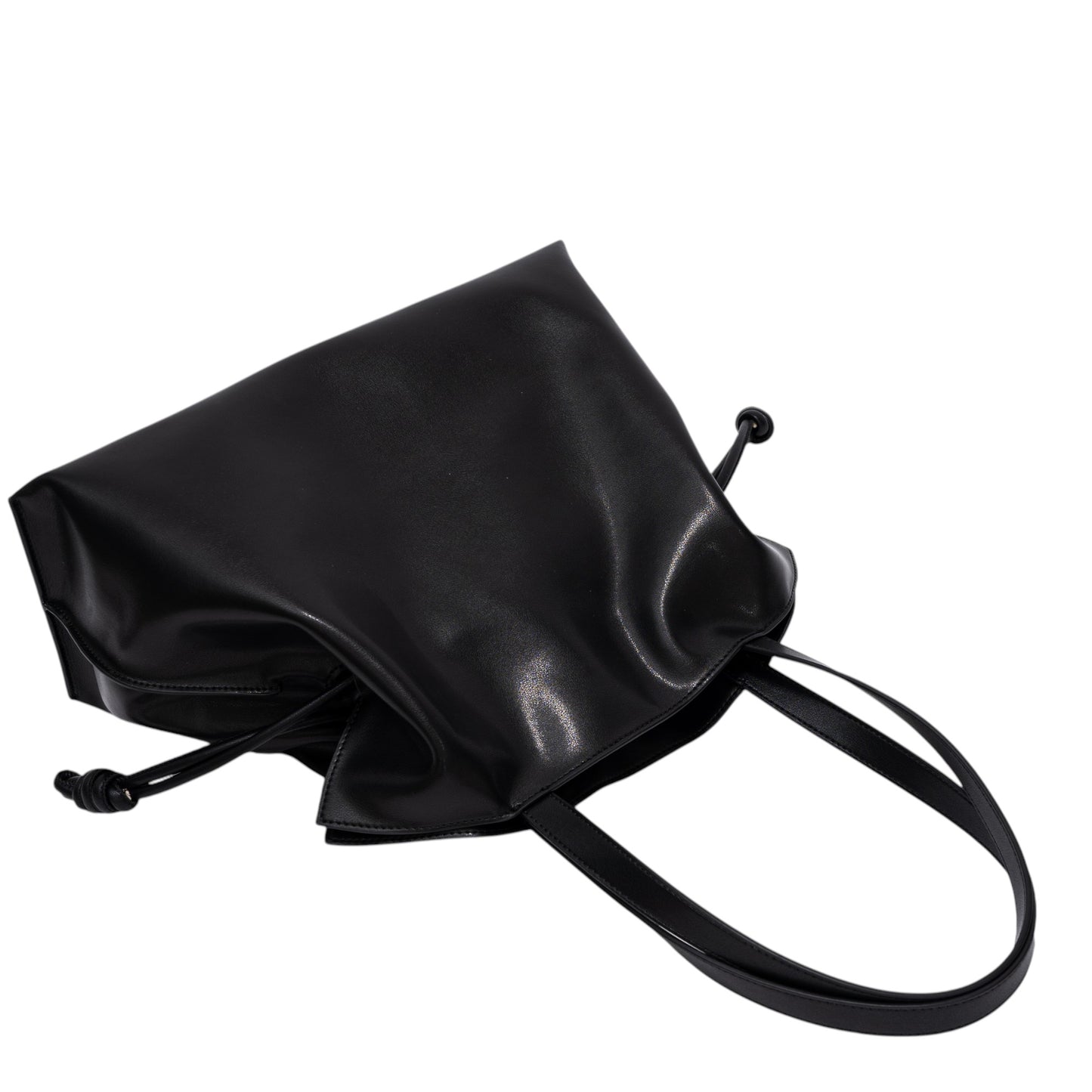 CLARANY Black Genuine Leather Drawstring Tote Shoulder Bag with Magnetic Snap Closure, Elegant Travel Work Handbag