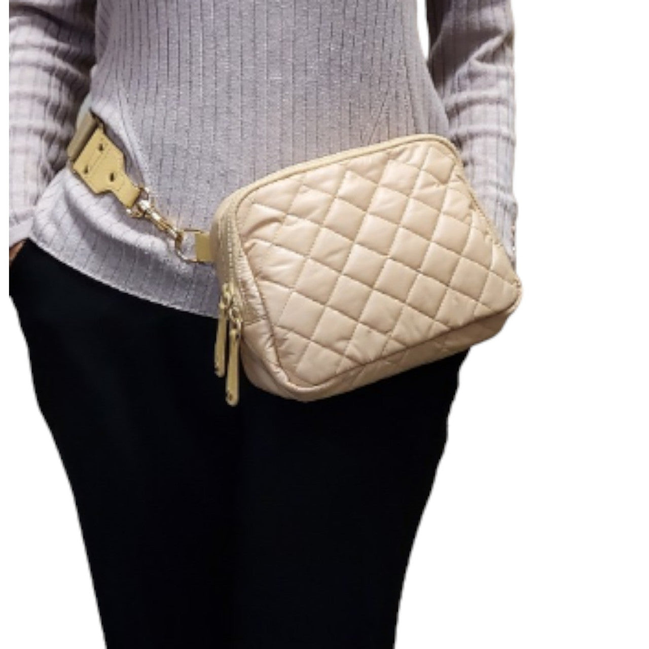 ClaraNY Quilted Crossbody shoulder Bag Detachable Strap Lightweight Water Repellent color Beige (Beige)