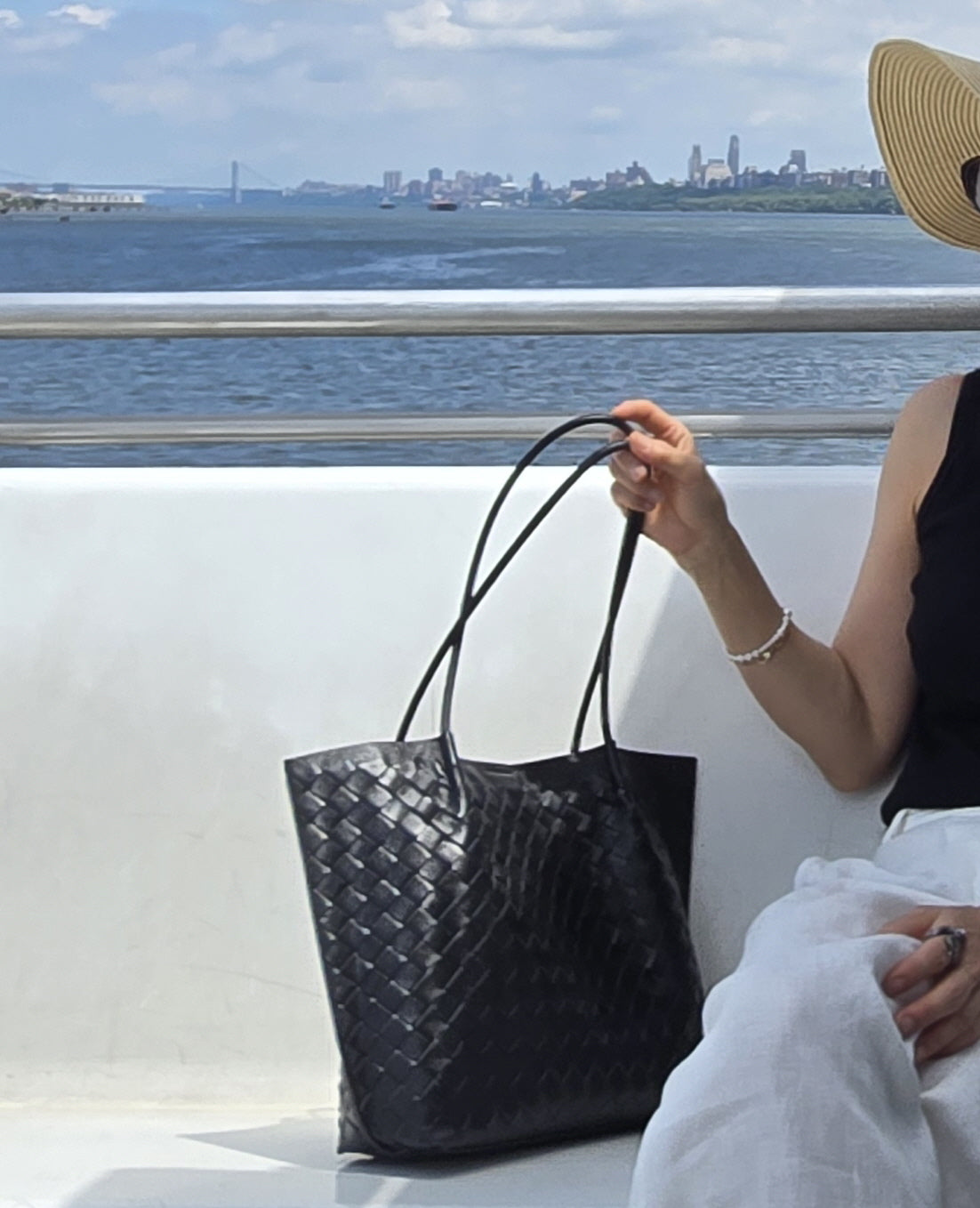 ClaraNY Leather Woven Shoulder Tote for Women with premium sheepskin Color Black