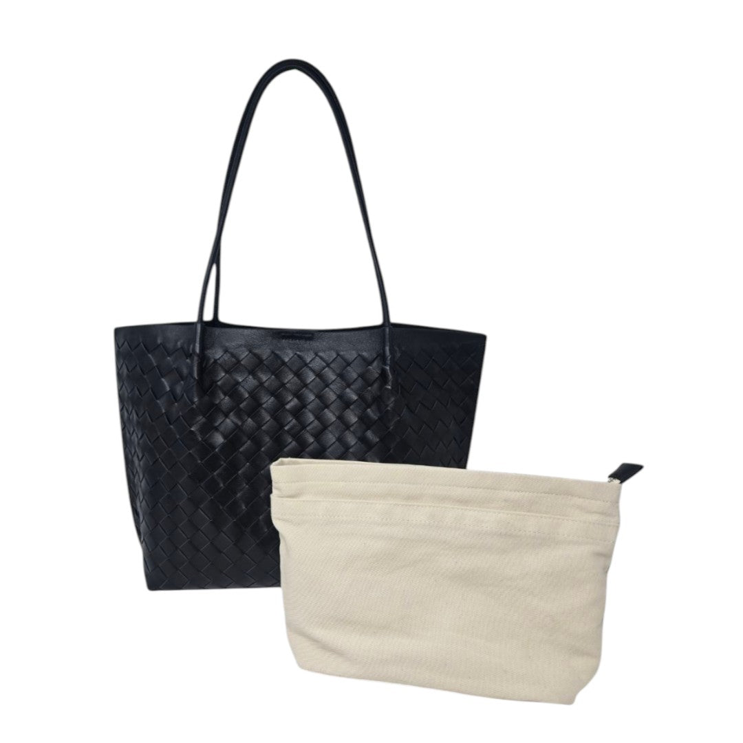 ClaraNY Leather Woven Shoulder Tote for Women with premium sheepskin Color Black