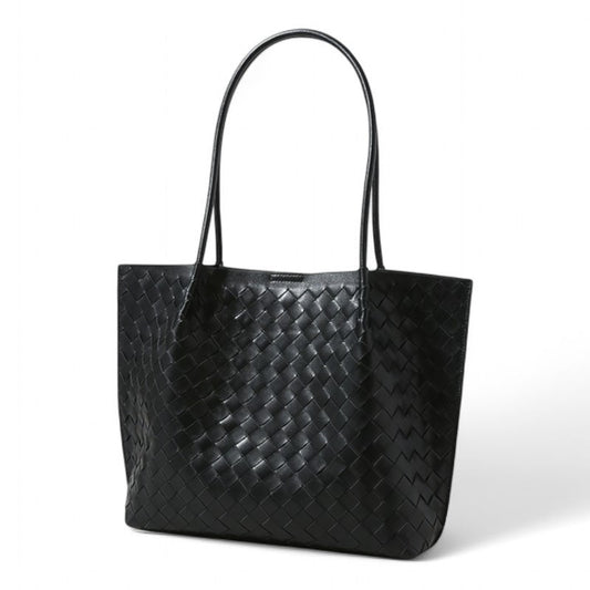 ClaraNY Leather Woven Shoulder Tote for Women with premium sheepskin Color Black