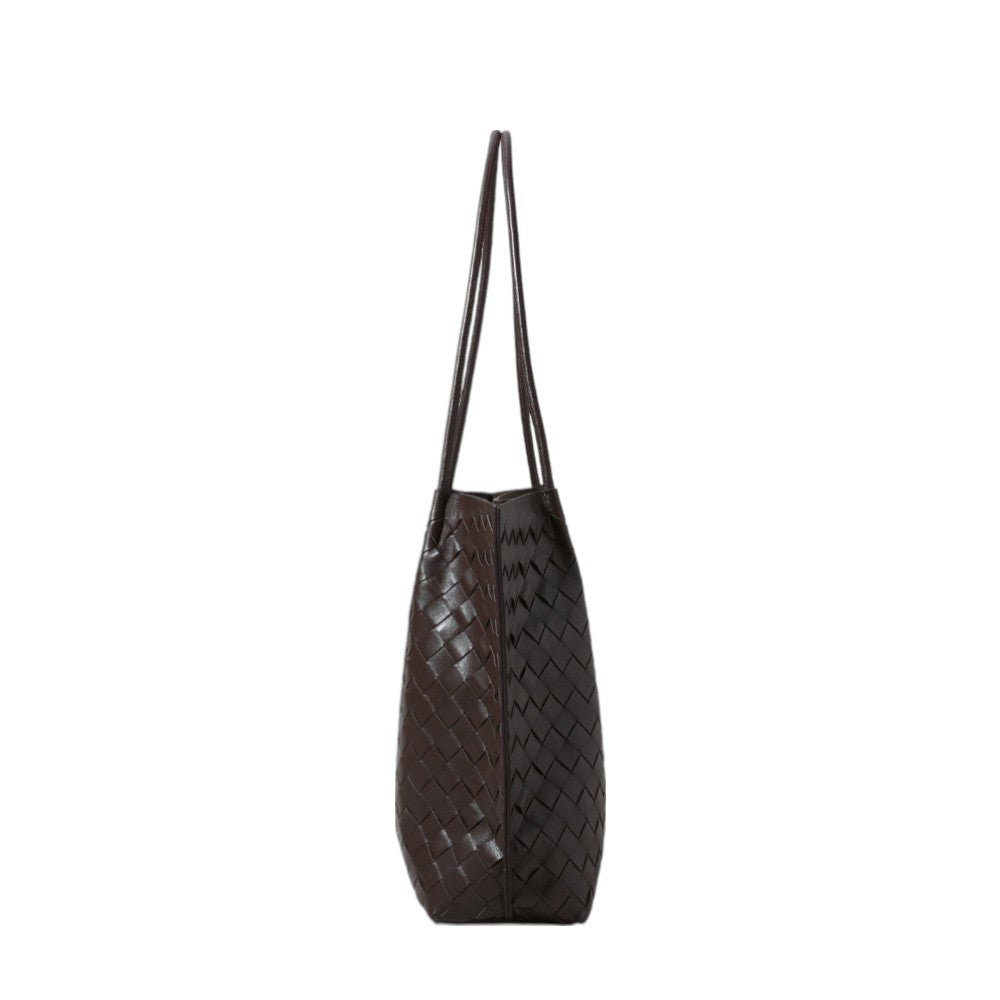 ClaraNY Leather Woven Shoulder Tote for Women with premium sheepskin Color Black