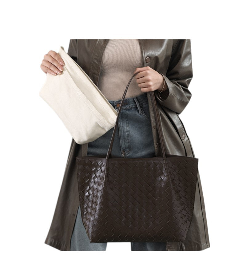 ClaraNY Leather Woven Shoulder Tote for Women with premium sheepskin Color Black